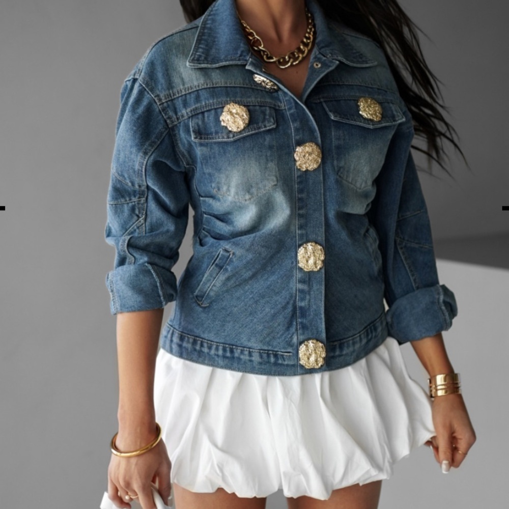 Blue Denim Jacket with Gold Button Accents